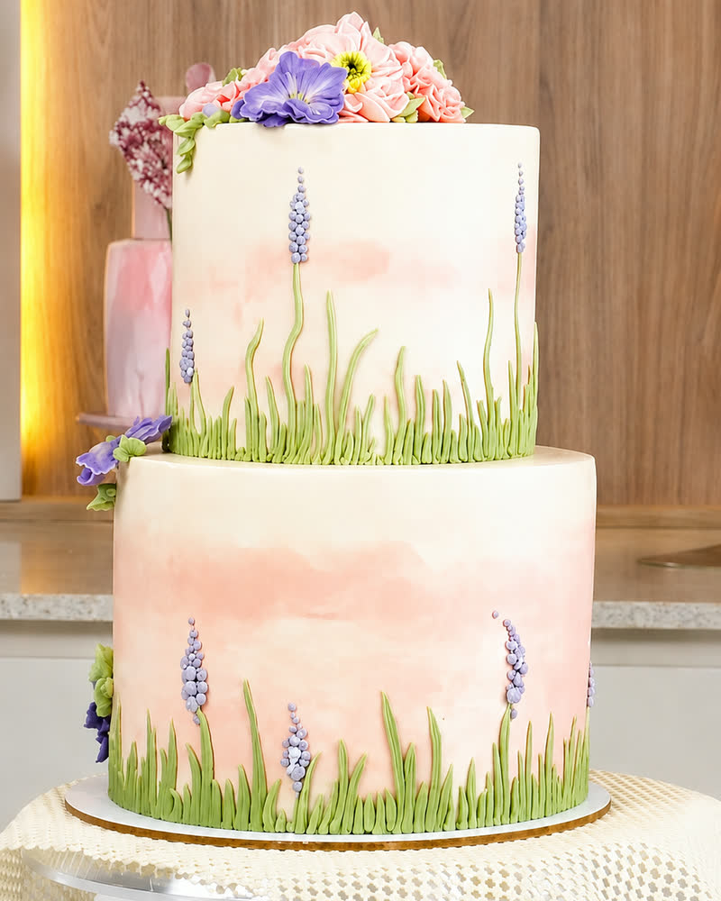 Pastel decorado con flores hechas con manga